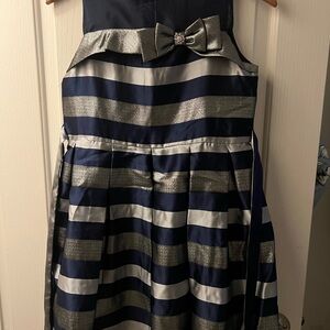 Navy and Silver Striped Dress with Bow
